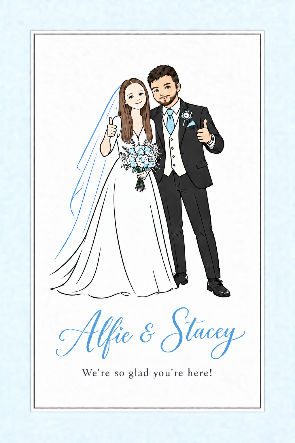 A cartoon welcome from Alfie and Stacey, both giving a thumbs up